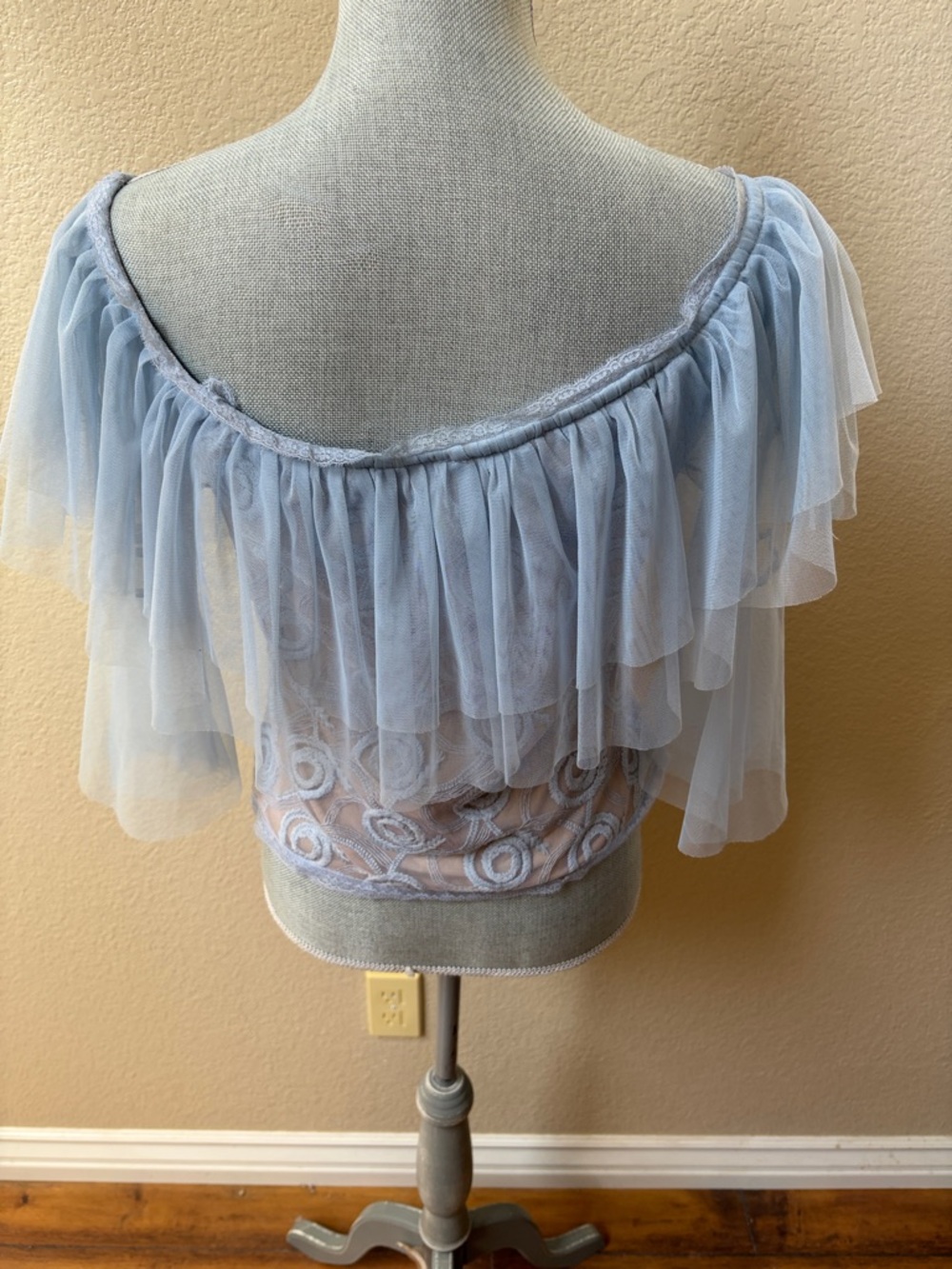 VENUS Off Shoulder Sheer Lace Top Blue Ruffle Boho Romantic Size Medium - Picture 3 of 10